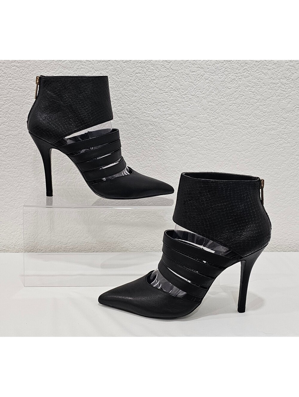 Modern Vice Black Leather Cage Booties Clear Cutout Heels Women’s Size 7.5M